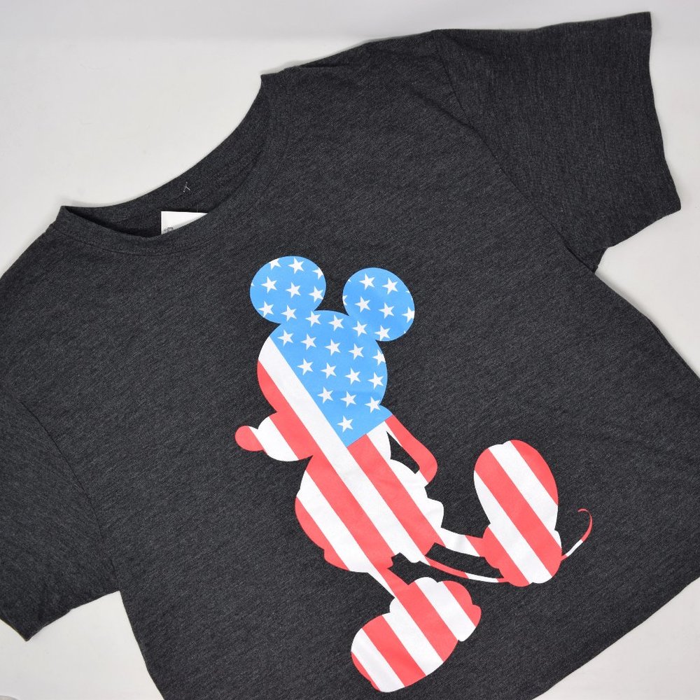Disney Mickey Mouse Stars Stripes T Shirt Women Large New Patriotic Cropped Grey